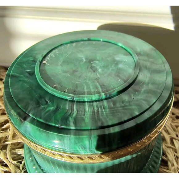 Vintage Avon Regence Milk Glass Jar, Green Glass Outside Marble Plastic Lid, EUC - Picture 3 of 8